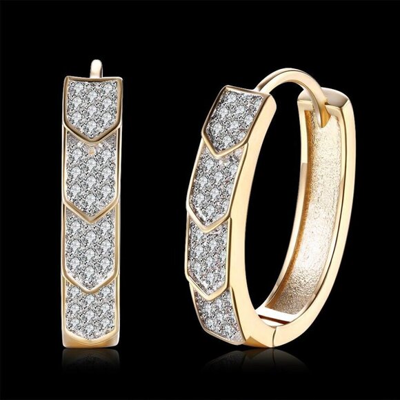 14K Gold Plated Cubic Zirconia Hoop Double Row of Diamonds Huggie Earrings - Picture 4 of 6